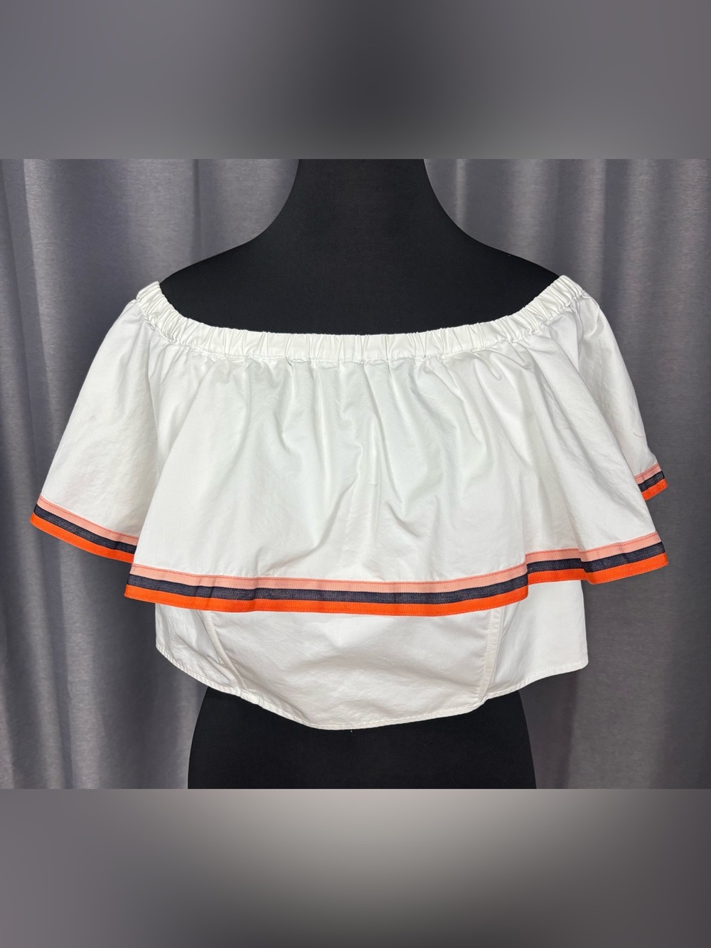 Eloquii White Off-Shoulder Ruffle Crop Top with Orange & Navy Trim